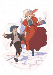 Rule 34 | 1boy, 1girl, black footwear, blonde hair, blue eyes, blue footwear, bow, brown eyes, brown hair, brown jacket, brown necktie, child, collared shirt, dress, height difference, highres, holding hands, jacket, juliet sleeves, long sleeves, necktie, open mouth, original, puffy sleeves, red bow, red dress, running, shadow, shirt, shoes, short hair, signature, smile, umishima senbon, vest, white shirt