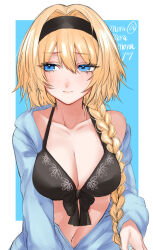 Rule 34 | 1girl, bikini, black bikini, black hairband, blonde hair, blue background, blue eyes, blue jacket, border, breasts, closed mouth, coyote (moramoramorayay), fate/grand order, fate (series), hairband, highres, jacket, jacket over swimsuit, jeanne d&#039;arc (fate), jeanne d&#039;arc (swimsuit archer) (fate), jeanne d&#039;arc (swimsuit archer) (first ascension) (fate), long braid, long sleeves, looking to the side, medium breasts, simple background, solo, swimsuit, twitter username, upper body, white border
