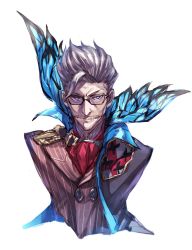 Rule 34 | 1boy, ascot, blue eyes, closed mouth, commentary request, cropped torso, facial hair, fate/grand order, fate (series), fumikiri, glasses, grey hair, hair slicked back, high collar, highres, jacket, james moriarty (archer) (fate), looking at viewer, male focus, mustache, red ascot, simple background, solo, upper body, white background
