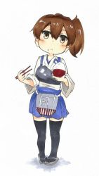 Rule 34 | 1girl, black thighhighs, blue skirt, blush, bowl, brown eyes, brown hair, chopsticks, closed mouth, commentary request, flight deck, food, food on face, full body, head tilt, holding, igo miku, kaga (kancolle), kantai collection, long sleeves, muneate, pigeon-toed, rice, rice bowl, rice on face, sandals, short hair, side ponytail, simple background, skirt, solo, standing, thighhighs, white background