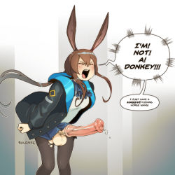 Rule 34 | 1futa, amiya (arknights), animal ears, animal penis, arknights, artist name, black jacket, black pantyhose, blush, breasts, brown hair, closed eyes, english text, erection, fang, futanari, hair between eyes, highres, hood, hooded jacket, horse penis, huge penis, jacket, long hair, long sleeves, medium breasts, miniskirt, multicolored clothes, multicolored jacket, open clothes, open jacket, open mouth, pantyhose, penis, pleated skirt, ponytail, precum, profanity, rabbit ears, shirt, skirt, solo, speech bubble, standing, sulcate, teeth, testicles, torn clothes, torn pantyhose, two-tone jacket, uncensored, upper teeth only, white shirt