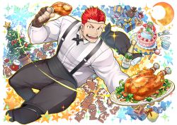 Rule 34 | bara, biceps, black legwear, broccoli, cake, champagne bottle, cherry tomato, chicken (food), chicken leg, christmas, christmas ornaments, christmas stocking, christmas tree, crescent moon, dress shirt, food, gift, gingerbread man, glass, heterochromia, ikusaba daisuke, large pectorals, moon, naop (anything), official art, open mouth, overalls, pectorals, plate, pollux (housamo), red hair, shirt, smile, snowflakes, solo, sparkle, star (symbol), taurus mask, tokyo houkago summoners, tomato, toy, transparent background