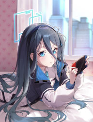 Rule 34 | 1girl, absurdres, aris (blue archive), bed, blue archive, blue eyes, blue hair, commentary request, dark blue hair, ddungddang, game console, hair between eyes, halo, headband, highres, jacket, long hair, looking back, necktie, playing games, school uniform, window
