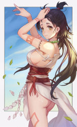 Rule 34 | 1girl, ass, back, bare shoulders, body markings, breasts, brown eyes, brown hair, dress, facial mark, fate/grand order, fate (series), forehead, forehead mark, highres, himiko (fate), himiko (first ascension) (fate), jewelry, jolker, large breasts, leaf, long hair, looking at viewer, magatama, magatama necklace, necklace, no bra, no panties, sash, side slit, sideboob, smile, thighs, topknot, twintails, white dress