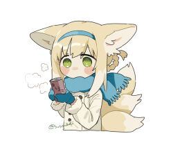 Rule 34 | 1girl, animal ear fluff, animal ears, arknights, artist name, blonde hair, blue mittens, blush stickers, braid, braided hair rings, coat, colored tips, commentary request, cropped torso, fox ears, fox girl, fox tail, fur sleeves, green eyes, highres, holding, kitsune, kyuubi, long sleeves, mittens, multicolored hair, multiple tails, no mouth, no sclera, short hair, signature, simple background, solo, sutoa, suzuran (arknights), tail, twin braids, twitter username, white background, white coat, white hair, winter clothes