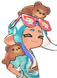 Rule 34 | 1girl, ^ ^, animal, animal on head, animal on shoulder, animal print, bear, bear print, blue hair, blue shirt, blush stickers, closed eyes, closed mouth, commentary request, cub, eyewear on head, hand on own hip, highres, inari1369, inkling (language), long hair, nintendo, octoling, octoling girl, octoling player character, on head, pink-framed eyewear, print shirt, shirt, short sleeves, simple background, smile, solo, splatoon (series), splatoon 3, suction cups, sunglasses, tentacle hair, upper body, white background, wristband