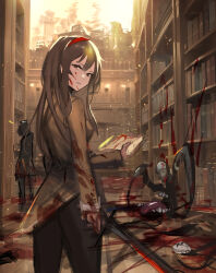 Rule 34 | 1girl, absurdres, blood, blood on clothes, blood on face, blood on hands, blood splatter, bloody weapon, book, bookshelf, brown eyes, brown hair, chuhaibane, hairband, highres, holding, holding book, holding sword, holding weapon, library of ruina, long hair, long sleeves, looking at viewer, looking back, malkuth (project moon), pile of books, project moon, red hairband, sword, weapon