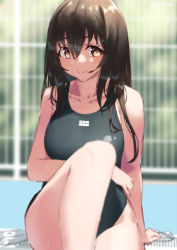Rule 34 | 1girl, arm support, black one-piece swimsuit, breasts, brown eyes, brown hair, closed mouth, collarbone, commentary request, competition swimsuit, jonsun, long hair, looking at viewer, one-piece swimsuit, original, sitting, smile, solo, swimsuit, twitter username