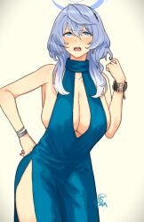 Rule 34 | 1girl, ako (blue archive), ako (dress) (blue archive), blue archive, blue dress, blue eyes, blue hair, blush, breasts, cleavage, commentary, cowboy shot, cuffs, dress, hair between eyes, handcuffs, large breasts, long hair, looking at viewer, official alternate costume, open mouth, sideboob, signature, simple background, sleeveless, sleeveless dress, solo, wasawa (wsw 999), yellow background