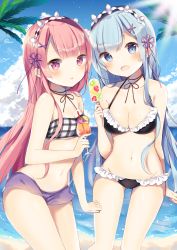 Rule 34 | 10s, 2girls, :d, alternate hair length, alternate hairstyle, bandeau, bare shoulders, bikini, black bikini, blue eyes, blue hair, blue sky, blush, breasts, cleavage, cloud, cloudy sky, commentary request, day, food, groin, hair ornament, hair ribbon, halterneck, head tilt, highres, holding, holding food, horizon, looking at viewer, multiple girls, navel, ocean, open mouth, outdoors, palm tree, parted lips, pink ribbon, popsicle, purple ribbon, purple shorts, ram (re:zero), re:zero kara hajimeru isekai seikatsu, red eyes, red hair, rem (re:zero), ribbon, shiino sera, short shorts, shorts, siblings, sisters, sky, small breasts, smile, swimsuit, tree, twins, water, x hair ornament