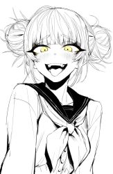 Rule 34 | 1girl, blush, boku no hero academia, breasts, double bun, fangs, hair bun, highres, j.k., large breasts, long sleeves, messy hair, neckerchief, sailor collar, shirt, short hair, smile, solo, spot color, teeth, toga himiko, tongue, tongue out, upper teeth only, white background, yellow eyes