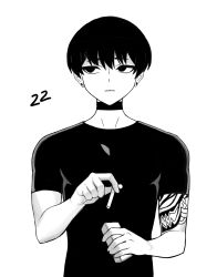Rule 34 | 1boy, black choker, black hair, black shirt, character age, choker, cigarette, earrings, expressionless, greyscale, highres, jewelry, male focus, monochrome, original, shadow, shirt, short hair, short sleeves, simple background, solo, tattoo, taut clothes, taut shirt, upper body, vulcan (ejel2000), white background