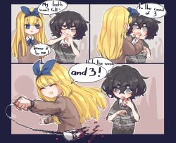Rule 34 | 2girls, :d, black hair, blind, blind girl (popopoka), blonde girl (popopoka), blonde hair, blood, blue border, blue bow, blue eyes, blue ribbon, blush, border, bow, bow hairband, brown sweater, bullying, commentary, english commentary, english text, finger in another&#039;s mouth, flying sweatdrops, freckles, grey eyes, grey sweater, hair bow, hairband, highres, long hair, long sleeves, medium hair, motion blur, multiple girls, neck ribbon, necktie, notice lines, open mouth, original, outside border, popopoka, red neckwear, ribbon, school uniform, smile, spoken flying sweatdrops, string, sweater, tooth, tooth pulling, wide-eyed, wide sleeves