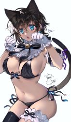 Rule 34 | 1girl, :o, ahoge, animal, animal ears, artist name, bell, bikini, black bikini, black hair, black ribbon, black thighhighs, blue eyes, blurry, breasts, bridal garter, cat, cat ears, cat girl, cat tail, cowboy shot, dated, depth of field, detached collar, detached sleeves, frills, front-tie bikini top, front-tie top, gloves, hair between eyes, hands up, highres, invisible chair, jingle bell, large breasts, looking at viewer, maid, maid bikini, navel, neck bell, neck ribbon, open mouth, original, paw pose, purple ribbon, ribbon, shino yoshihisa, short hair, side-tie bikini bottom, simple background, single thighhigh, sitting, skindentation, solo, string bikini, swimsuit, tail, tail ornament, tail ribbon, thighhighs, unconventional maid, white gloves