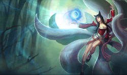 Rule 34 | 1girl, ahri (league of legends), animal ears, black hair, breasts, cleavage, fox ears, fox tail, kienan lafferty, korean clothes, large breasts, league of legends, long hair, official art, solo, tail, yellow eyes
