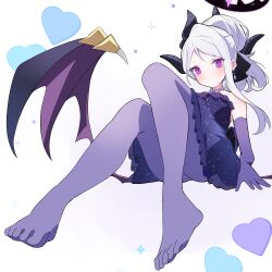 Rule 34 | 1girl, bare shoulders, black halo, blue archive, blush, closed mouth, commentary request, demon horns, demon wings, dress, elbow gloves, feet, foreshortening, full body, gloves, grey hair, hair bun, halo, heart, highres, hina (blue archive), hina (dress) (blue archive), horns, jewelry, knees together feet apart, knees up, long hair, looking at viewer, necklace, no shoes, pantyhose, parted bangs, pearl necklace, purple dress, purple eyes, purple gloves, purple pantyhose, sasanoha (sasanoha0712), short dress, simple background, single hair bun, sitting, slit pupils, solo, strapless, strapless dress, sweatdrop, toes, tsurime, white background, wings