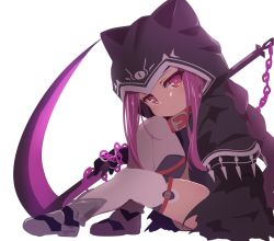Rule 34 | 1girl, baku-p, black cape, black capelet, black gloves, black leotard, boots, braid, cape, capelet, collar, expressionless, fate/grand order, fate (series), from side, gloves, good, leotard, long braid, long hair, looking at viewer, medusa (fate), medusa (lancer) (fate), medusa (rider) (fate), ponytail, purple eyes, purple hair, rider, scythe, simple background, single braid, sitting, solo, thigh strap, thighhighs, very long hair, weapon, white background, white thighhighs