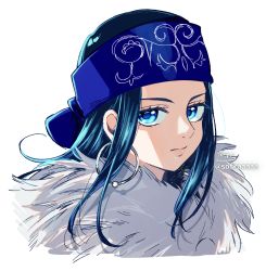 Rule 34 | 1girl, ainu, ainu clothes, asirpa, bandana, black hair, blue bandana, blue eyes, closed mouth, earrings, golden kamuy, highres, hoop earrings, jewelry, long hair, looking at viewer, signature, simple background, sofra, solo, twitter username, white background