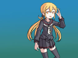 Rule 34 | 1girl, black serafuku, black thighhighs, blonde hair, blue background, commentary, cowboy shot, crescent, crescent pin, english commentary, gradient background, kantai collection, long hair, looking at viewer, low twintails, necktie, one-hour drawing challenge, satsuki (kancolle), school uniform, serafuku, sixten, solo, standing, thighhighs, twintails, white necktie, yellow eyes