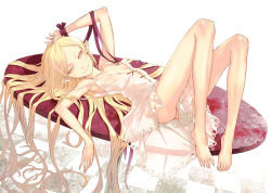 Rule 34 | 10s, 1girl, ass, bakemonogatari, bare legs, bare shoulders, barefoot, blonde hair, breasts, checkered floor, cleavage, commentary request, dress, feet, kiss-shot acerola-orion heart-under-blade, kizumonogatari, long hair, long legs, looking at viewer, lying, monogatari (series), no panties, on back, on table, oshino shinobu, pointy ears, redjuice, revision, ribbon, small breasts, smile, solo, table, toes, very long hair, white dress, wrist ribbon, yellow eyes