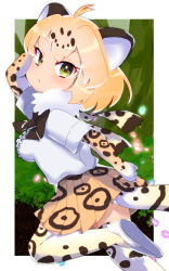 Rule 34 | 10s, 1girl, absurdres, animal ears, bad id, bad pixiv id, blonde hair, bow, bowtie, center frills, commentary request, elbow gloves, frills, fur collar, gloves, highres, jaguar (kemono friends), jaguar ears, jaguar print, jaguar tail, jungle, kemono friends, looking at viewer, multicolored hair, nature, pleated skirt, rinka na31415, sandstar, short hair, short sleeves, skirt, solo, sparkle, tail, thighhighs, zettai ryouiki