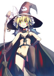 Rule 34 | 1girl, alternate costume, black gloves, black thighhighs, blonde hair, bodysuit, bow, braid, broom, cape, clothing cutout, culter, elbow gloves, facial mark, gloves, grin, hair bow, hat, hat bow, heart, heart cutout, highres, kirisame marisa, midriff, navel, revealing clothes, simple background, single braid, skull, smile, solo, thighhighs, touhou, white background, witch hat, yellow eyes