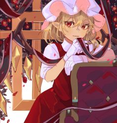 Rule 34 | 1girl, absurdres, arm rest, blonde hair, chair, closed mouth, collared shirt, cowboy shot, crossed bangs, crystal, dress, finger to own chin, flandre scarlet, gloves, hair between eyes, hat, highres, kneeling, light smile, looking at viewer, mob cap, pointy ears, puffy short sleeves, puffy sleeves, red dress, red eyes, shi chimi, shirt, short hair, short sleeves, solo, touhou, white gloves, white hat, white shirt, wings