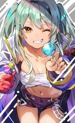 Rule 34 | 1girl, absurdres, aoi momo, black shorts, breasts, candy, cleavage, collarbone, dark-skinned female, dark skin, food, gloves, green hair, grin, heaven burns red, highres, holding, holding candy, holding food, holding lollipop, kurozawa maki, lollipop, long hair, medium breasts, navel, one eye closed, red gloves, robe, shorts, sidelocks, smile, solo, twintails, yellow eyes