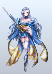 Rule 34 | 1girl, bare shoulders, blue background, blue hair, blue kimono, box (hotpppink), breasts, cleavage, closed mouth, collarbone, commentary request, expressionless, frilled sleeves, frills, full body, furisode, gradient background, highres, holding, holding sword, holding weapon, japanese clothes, kimono, large breasts, legs together, long hair, looking at viewer, obi, off shoulder, pale skin, phantom of the kill, sash, shiny skin, solo, standing, sword, tassel, thighhighs, very long hair, weapon, white thighhighs, yellow eyes