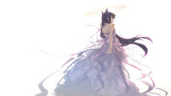 Rule 34 | 1girl, alternate costume, animal ears, backless dress, backless outfit, backlighting, breasts, closed mouth, commentary, dress, floating hair, halo, hand in own hair, headpiece, highres, hololive, hololive english, layered dress, long hair, looking at viewer, looking back, multicolored hair, ninomae ina&#039;nis, orange hair, pointy ears, purple eyes, purple hair, simple background, sketch, sleeveless, sleeveless dress, small breasts, solo, tallgeese (lgeesel), tentacle hair, two-tone hair, virtual youtuber, wedding dress, white background, white dress