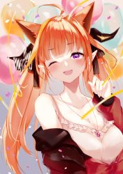 Rule 34 | 1girl, ahoge, animal ears, balloon, bare shoulders, blonde hair, blunt bangs, blush, bow, breasts, camisole, cat ears, cleavage, collarbone, commentary request, confetti, diagonal-striped bow, dragon girl, dragon horns, frilled camisole, frills, grey background, hair ribbon, hand up, highres, hololive, horn bow, horn ornament, horns, jacket, jewelry, kemonomimi mode, kiryu coco, kiryu coco (loungewear), long hair, long sleeves, looking at viewer, lovely yoshio, medium breasts, multicolored hair, off shoulder, official alternate costume, one eye closed, open clothes, open jacket, open mouth, orange hair, partially unzipped, pendant, pointy ears, purple eyes, red jacket, ribbon, sidelocks, simple background, solo, spaghetti strap, streaked hair, streamers, striped, striped bow, track jacket, twintails, upper body, virtual youtuber, white camisole