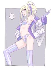 Rule 34 | 1girl, :d, bad id, bad pixiv id, bare shoulders, bikini, blonde hair, borrowed character, breasts, choker, commentary request, earrings, garter belt, garter straps, gloves, highres, jacket, jewelry, michihasu, navel, off shoulder, open mouth, original, panties, purple bikini, purple eyes, purple gloves, purple thighhighs, smile, solo, swimsuit, teeth, thighhighs, underwear
