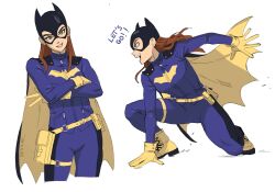 Rule 34 | 1girl, :d, batgirl, batman (series), belt, bodysuit, breasts, brown hair, cape, cropped legs, crossed arms, dc comics, english text, from side, genniax, gloves, grin, highres, looking at viewer, mask, medium breasts, multiple views, open mouth, pouch, smile, superhero costume, teeth, two-sided cape, two-sided fabric, yellow cape
