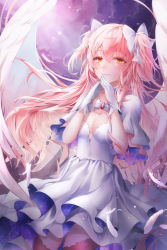 Rule 34 | absurdres, angel wings, dress, feathered wings, feathers, gloves, hands on own face, highres, kaname madoka, long hair, looking at viewer, mahou shoujo madoka magica, nebula, own hands together, pink hair, smile, solo, space, star (sky), ultimate madoka, white dress, white feathers, white gloves, white wings, wings, yellow eyes