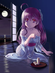 Rule 34 | 10s, 1girl, ahoge, alternate costume, black hair, breasts, clothes down, collarbone, full body, full moon, hair between eyes, highres, ikuya daikokudou, indoors, japanese clothes, kantai collection, kimono, large breasts, lips, long hair, looking at viewer, moon, night, night sky, off shoulder, sky, sliding doors, smile, solo, twitter username, ushio (kancolle), wet, wet clothes, yukata
