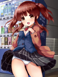 Rule 34 | 1girl, black skirt, blue vest, blush, bow, bowtie, breasts, brown coat, brown eyes, brown hair, coat, commentary request, gluteal fold, highres, idolmaster, idolmaster cinderella girls, kuroba aki, long hair, looking at viewer, ogata chieri, open clothes, open coat, open mouth, panties, pink sweater, plaid, plaid skirt, pleated skirt, red bow, red bowtie, round teeth, sidelocks, skirt, small breasts, solo, sweater, teeth, twintails, underwear, upper teeth only, vending machine, vest, white panties