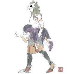 Rule 34 | 1boy, 1girl, a&#039;long (the legend of luoxiaohei), black headwear, brown footwear, carrying, eighth note, hat, height difference, kuizhi (the legend of luoxiaohei), long hair, musical note, profile, purple footwear, purple hair, topless male, shoes, simple background, skull on head, luo xiaohei zhanji, triple bambi, white background