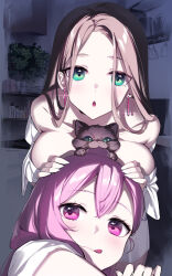 Rule 34 | 2girls, :q, animal between breasts, blue eyes, breast press, breasts, brown hair, cat, chestnut mouth, earrings, hand on another&#039;s head, highres, indoors, jewelry, large breasts, long hair, looking at viewer, multiple girls, original, pink eyes, pink hair, plant, tongue, tongue out, yaguo