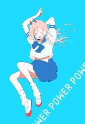 Rule 34 | 1girl, blue background, blue bow, blue sailor collar, blue skirt, bow, chainsaw man, character name, cross-shaped pupils, fang, gurukousu, hair between eyes, highres, horns, leg warmers, long hair, looking at viewer, one eye closed, pink hair, power (chainsaw man), red horns, sailor collar, school uniform, serafuku, simple background, skirt, solo, symbol-shaped pupils, v