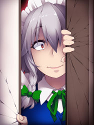 Rule 34 | 1girl, blue dress, bow, braid, commentary request, constricted pupils, crack, door, dress, eyelashes, false smile, green bow, green ribbon, hair between eyes, hayashi custom, here&#039;s johnny! (meme), highres, izayoi sakuya, lips, looking at viewer, maid, maid headdress, meme, neck ribbon, peeking, pink lips, red eyes, ribbon, side braid, silver hair, smile, solo, touhou, upper body, wing collar