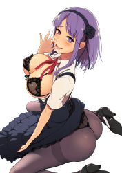 Rule 34 | 10s, 1girl, ass, black bra, black panties, black pantyhose, blush, bra, breasts, cleavage, covered erect nipples, dagashi kashi, dress, fellatio gesture, female focus, hairband, heart, heart-shaped pupils, high heels, large breasts, looking at viewer, nail polish, nipples, panties, panties over pantyhose, pantyhose, parted lips, pochi (pochi-goya), purple eyes, purple hair, red nails, ringed eyes, saliva, see-through, shidare hotaru, simple background, sitting, skirt, smile, solo, suspender skirt, suspenders, symbol-shaped pupils, thighband pantyhose, thong, tongue, tongue out, underwear, wariza, white background