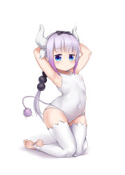 Rule 34 | 1girl, absurdres, aomoro, armpits, arms behind head, arms up, beads, blue eyes, blunt bangs, bow, breasts, casual one-piece swimsuit, child, commentary, covered navel, dragon girl, dragon horns, expressionless, feet, full body, hair beads, hair bow, hair ornament, highres, horns, kanna kamui, kneeling, kobayashi-san chi no maidragon, legs, long hair, low twintails, one-piece swimsuit, pink hair, ribbon, simple background, small breasts, soles, solo, stirrup legwear, swimsuit, tail, thighhighs, thighs, toeless legwear, toes, twintails, white background, white one-piece swimsuit, white thighhighs
