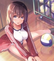 Rule 34 | 1girl, ball, black socks, blue buruma, blush, breasts, brown hair, buruma, commentary request, feet out of frame, gym shirt, gym uniform, hair between eyes, highres, indoors, jacket, large breasts, long hair, long sleeves, looking at viewer, on floor, open clothes, open jacket, original, purple eyes, red jacket, reflection, shiro kuma shake, shirt, sitting, sleeves past wrists, smile, socks, solo, spread legs, track jacket, volleyball, volleyball (object), white shirt
