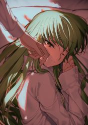 Rule 34 | 1girl, bed sheet, brown eyes, c.c., closed mouth, code geass, creayus, from above, green hair, hand on another&#039;s cheek, hand on another&#039;s face, long hair, long sleeves, looking at viewer, lying, on bed, on side, one eye closed, out of frame, pillow, shirt, sleeves past wrists, solo focus, very long hair, waking up, white shirt