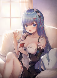 Rule 34 | 1girl, bare shoulders, black dress, blue eyes, blue hair, breasts, caba (caba091), cleavage, collarbone, curtains, detached sleeves, dress, fang, food, hair ornament, hand up, headdress, highres, holding, holding food, indoors, juliet sleeves, knees up, large breasts, long hair, long sleeves, looking at viewer, maid, open mouth, pillow, pocky, puffy sleeves, re:zero kara hajimeru isekai seikatsu, rem (re:zero), sidelocks, sitting, solo, twitter username, window, x hair ornament
