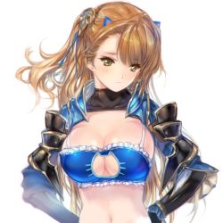 Rule 34 | 10s, 1girl, animal ears, beatrix (granblue fantasy), breasts, brown eyes, brown hair, cat cutout, cat ears, cleavage, clothing cutout, detached collar, gauntlets, granblue fantasy, hair ornament, large breasts, long hair, looking away, meme attire, min-naraken, navel, one side up, simple background, solo, swept bangs, white background