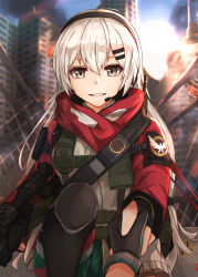 Rule 34 | 1girl, absurdres, assault rifle, black gloves, breasts, dragunov svd, fingerless gloves, girls&#039; frontline, gloves, grey eyes, gun, headphones, highres, holding, holding weapon, long hair, looking at viewer, military, military uniform, muteppona hito, red scarf, rifle, scarf, silver hair, smile, sniper rifle, solo, svd (girls&#039; frontline), uniform, weapon
