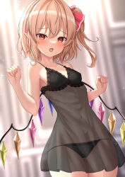 Rule 34 | 1girl, alternate costume, armpit peek, bare arms, black bra, black dress, black panties, blonde hair, blurry, blurry background, blush, bow, bra, breasts, cameltoe, collarbone, commentary request, covered navel, cowboy shot, crystal, crystal wings, dress, eyelashes, fang, flandre scarlet, hair bow, hands up, highres, indoors, lingerie, looking at viewer, medium hair, no headwear, one side up, open mouth, paid reward available, panties, pointy ears, red bow, red eyes, reijing etrn, ribs, see-through, see-through dress, skinny, small breasts, solo, sparkle, thighs, touhou, tsurime, underwear, wings