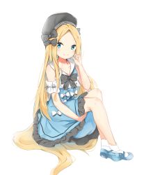 Rule 34 | 1girl, abigail williams (animejapan 2018) (fate), abigail williams (fate), absurdres, beret, black bow, black hat, blonde hair, blue dress, blue footwear, bow, closed mouth, collarbone, commentary request, dress, fate/grand order, fate (series), fingernails, forehead, full body, hair bow, hand up, hat, highres, long hair, mary janes, official alternate costume, parted bangs, shoes, simple background, sitting, sleeveless, sleeveless dress, smile, socks, solo, very long hair, white background, white bow, white socks, yukaa