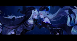 Rule 34 | 2girls, arknights, bare shoulders, black dress, black gloves, black nails, chinese commentary, commentary request, dress, closed eyes, facing another, from side, gloves, habit, highres, letterboxed, long hair, long sleeves, looking at another, multiple girls, nail polish, profile, red eyes, sheya, silver hair, skadi (arknights), specter (arknights), very long hair, yuri